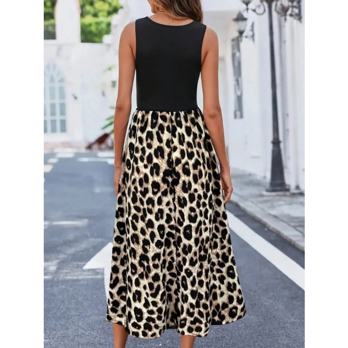 Kadın Askılı Yuvarlak Yaka üst Viskon Alt Leopar Desenli Süprem Uzun Elbise