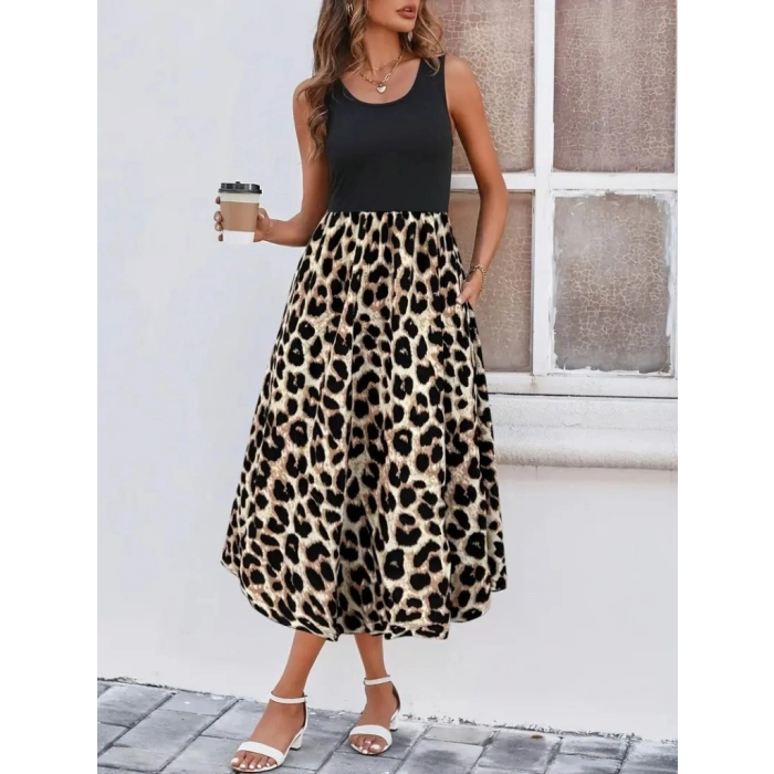 Kadın Askılı Yuvarlak Yaka üst Viskon Alt Leopar Desenli Süprem Uzun Elbise