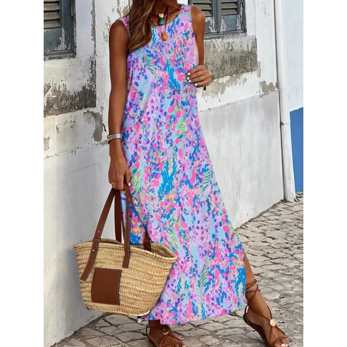 Kadın Askılı Yuvarlak Yaka Yandan Yırtmaçlı Uzun Süprem Elbise