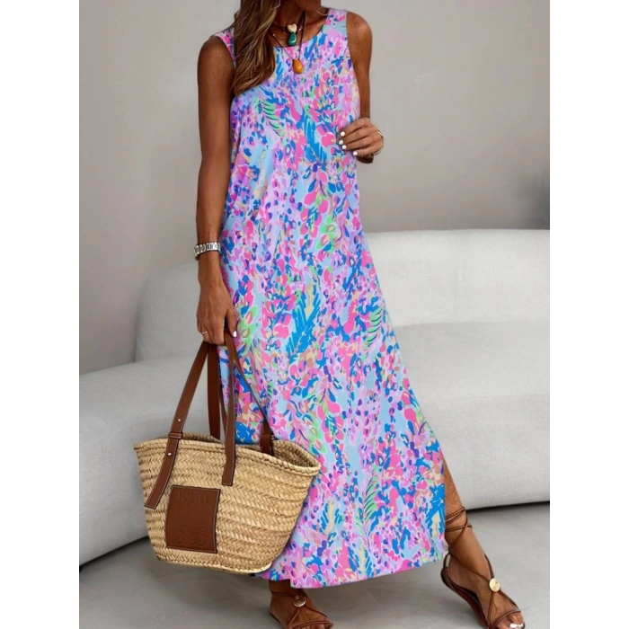 Kadın Askılı Yuvarlak Yaka Yandan Yırtmaçlı Uzun Süprem Elbise