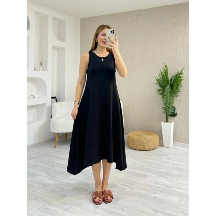 Kadın Askılı Yuvarlak Yakalı Asimetrik Kesim Detaylı Viskon Elbise