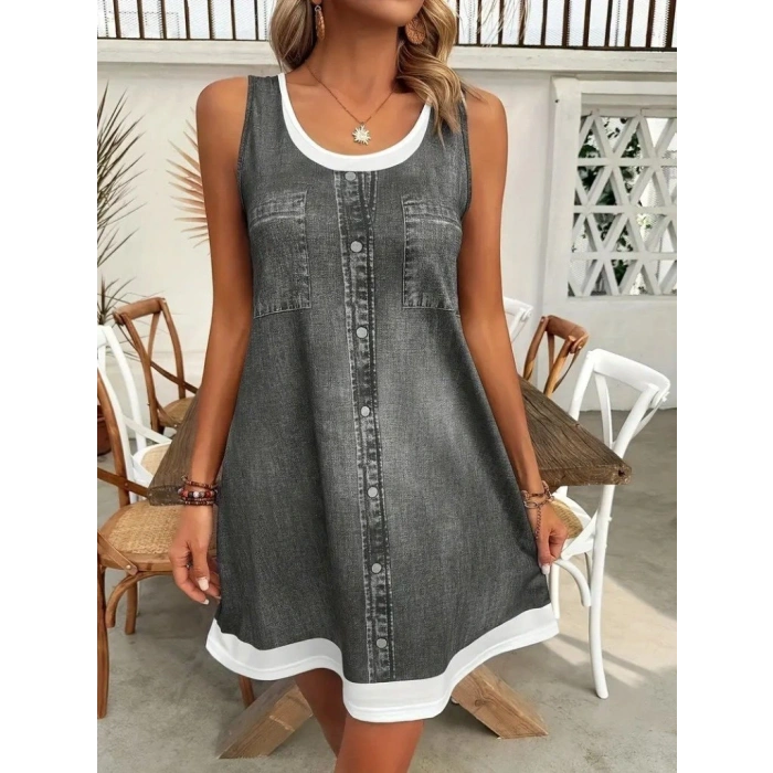 Kadın Askılı Yuvarlak Yakalı Kot Görünümlü Kısa Süprem Elbise