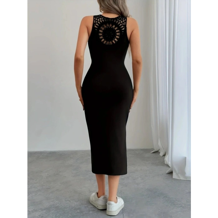 Kadın Askılı Yuvarlak Yakalı Yandan Yırtmaçlı Arkası Dantel Detaylı Viskon Elbise