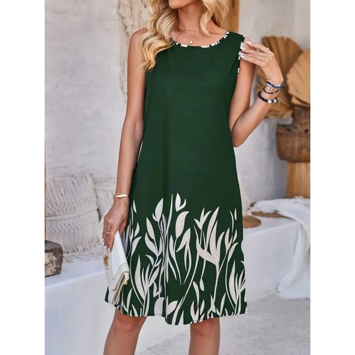 Kadın Askılı Yuvarlak Yakalı Yaprak Desenli Dalgıç Elbise