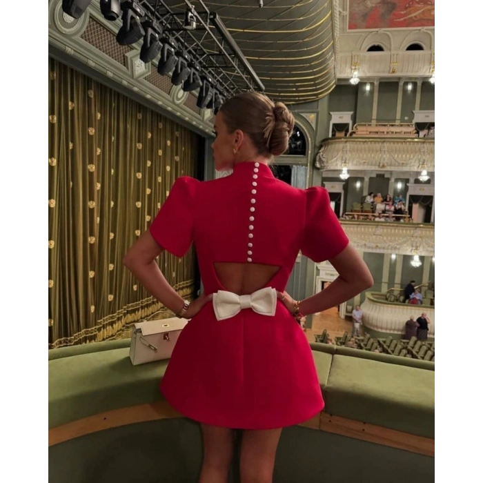 Kadın Atlas Kumaş Iç Astarlı Gizli Fermuarlı Inci Düğme Detaylı ini Elbise