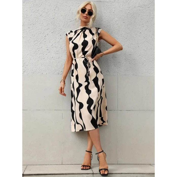 Kadın Balıkçı Yaka Arkadan Bağlamalı Kuşaklı Midi Boy Jessica Elbise