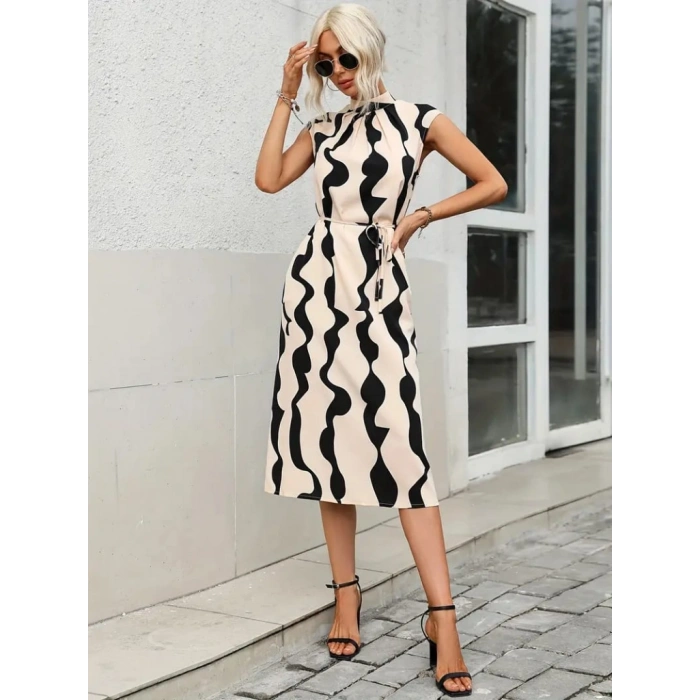 Kadın Balıkçı Yaka Arkadan Bağlamalı Kuşaklı Midi Boy Jessica Elbise