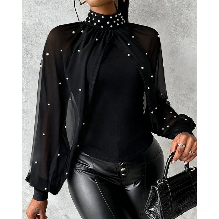 Kadın Balıkçı Yaka Incili Pelerin Ithal Krep Bluz