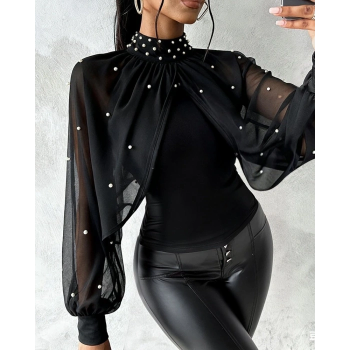 Kadın Balıkçı Yaka Incili Pelerin Ithal Krep Bluz