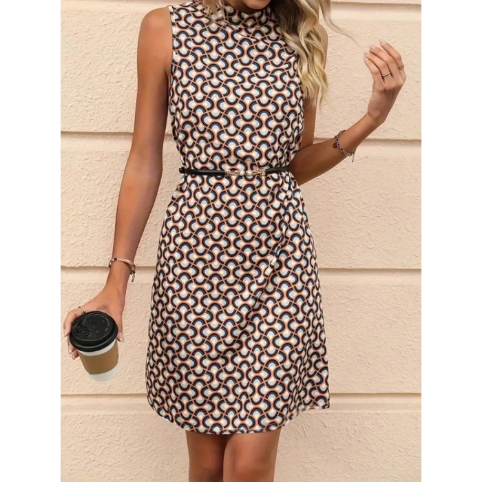 Kadın Balıkçı Yaka Kolsuz Desenli Dalgıç Elbise