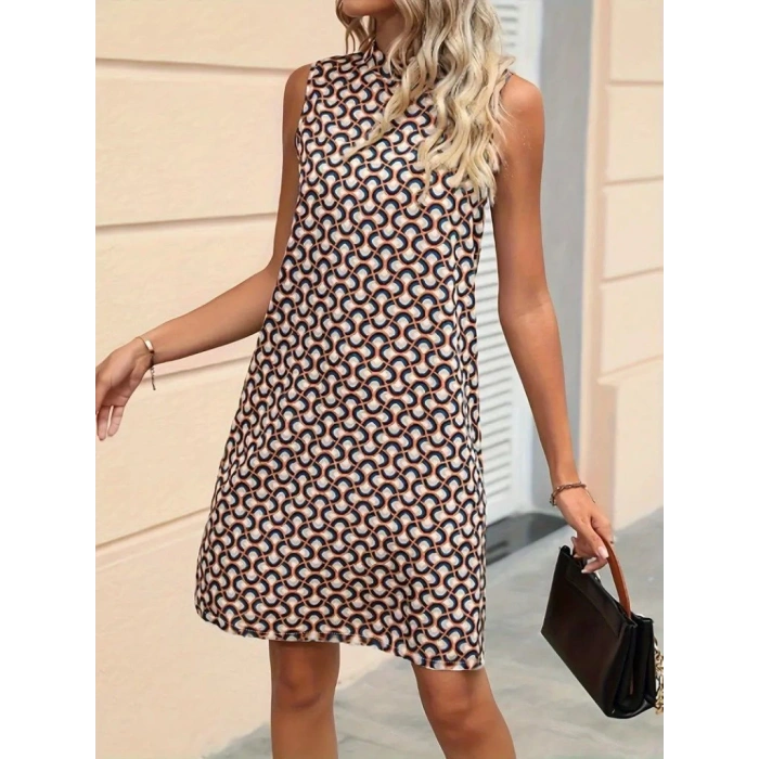 Kadın Balıkçı Yaka Kolsuz Desenli Dalgıç Elbise