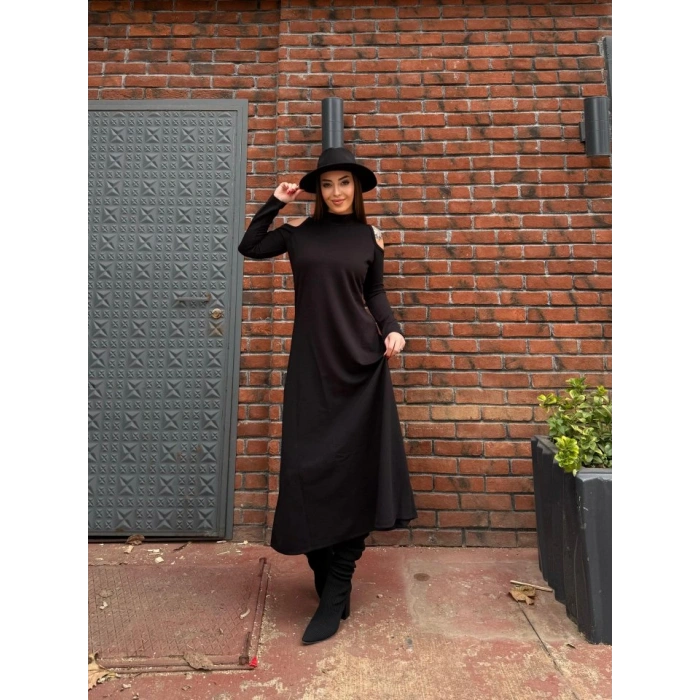 Kadın Balıkçı Yaka Omuzlardan Açık Uzun Kollu Janjan Krep Elbise