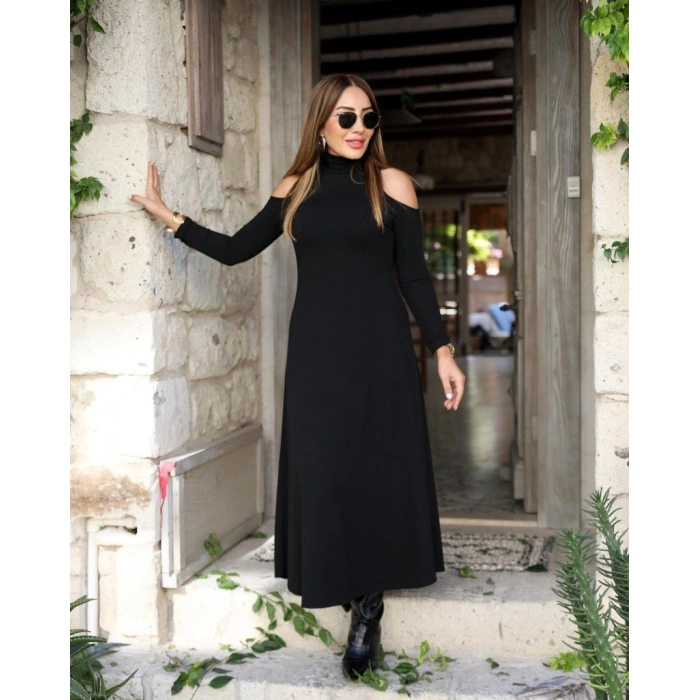 Kadın Balıkçı Yaka Omuzlardan Açık Uzun Kollu Janjan Krep Elbise