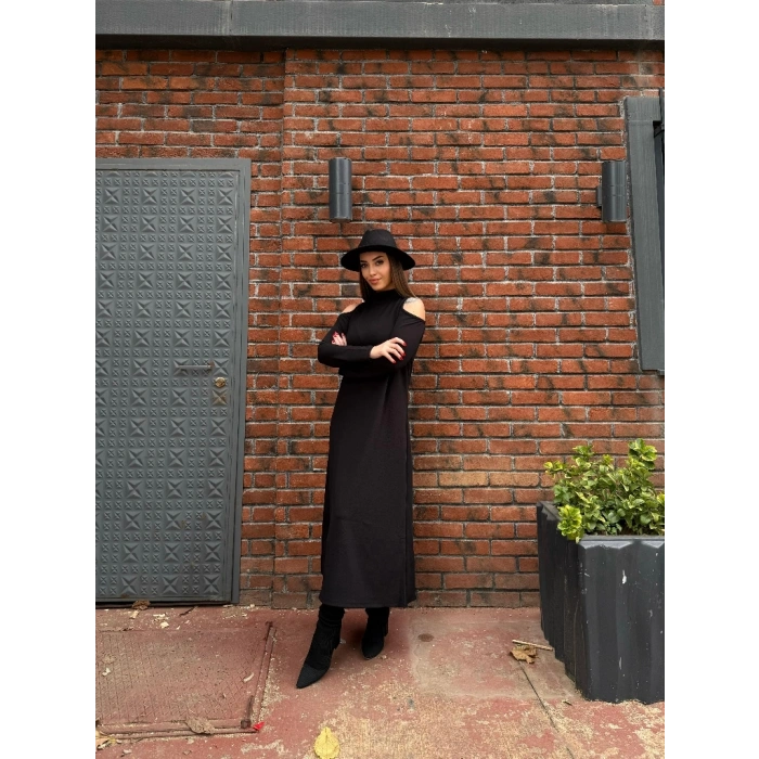 Kadın Balıkçı Yaka Omuzlardan Açık Uzun Kollu Janjan Krep Elbise