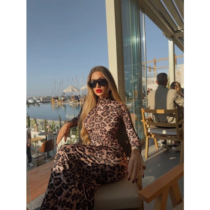 Kadın Balıkçı Yaka Sırt Dekolteli eopar Desen Maxi Boy Elbise