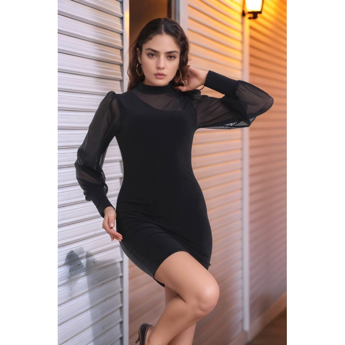 Kadın Balıkçı Yaka Transparan Detay Fırsat ürün andy Kumaş ini Elbise