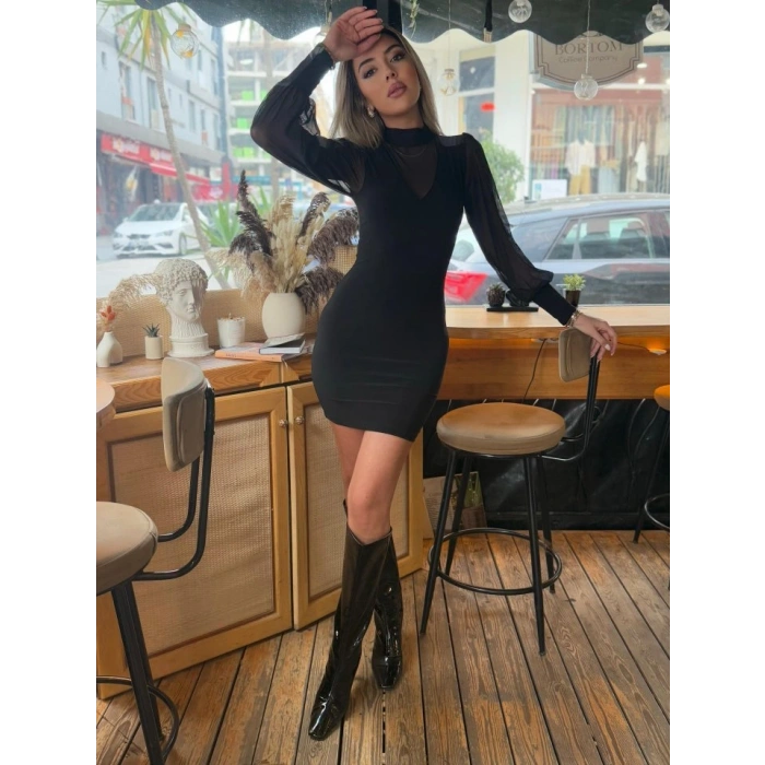 Kadın Balıkçı Yaka Transparan Detay Fırsat ürün andy Kumaş ini Elbise