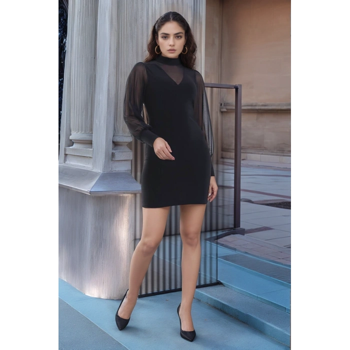 Kadın Balıkçı Yaka Transparan Detay Fırsat ürün andy Kumaş ini Elbise