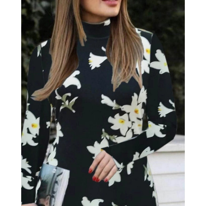 Kadın Balıkçı Yaka Uzun Kollu çiçek Desenli Krep Elbise