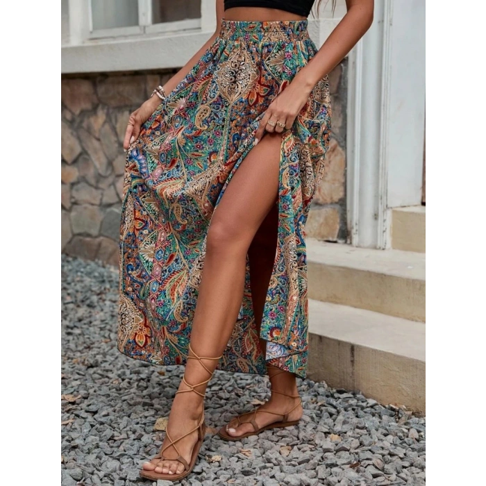 Kadın Beli Büzgülü Yandan Yırtmaçlı Desenli Süprem Etek