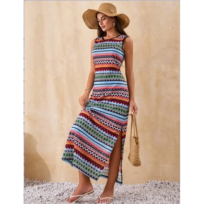 Kadın Bisiklet Yaka Cizgi Desen üprem Elbise