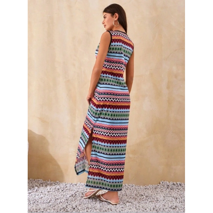 Kadın Bisiklet Yaka Cizgi Desen üprem Elbise