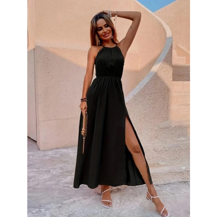 Kadın Boyundan Askılı Belden Lastikli Yandan Yırtmaç Detaylı Viskon Elbise