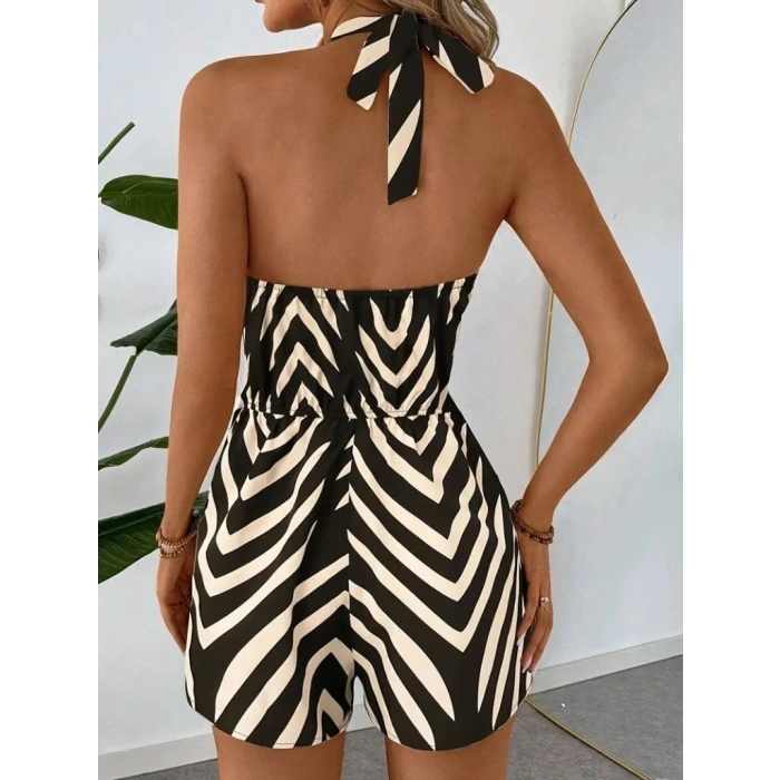 Kadın Boyundan Askılı Halter Yakalı Desenli Süprem Tulum