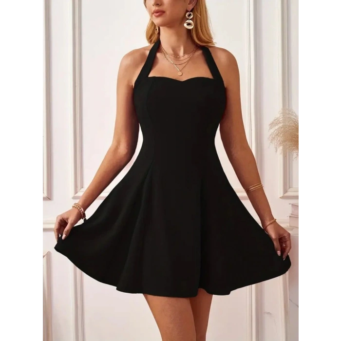 Kadın Boyundan Askılı Sırtı Açık Ithal Krep Mini Elbise