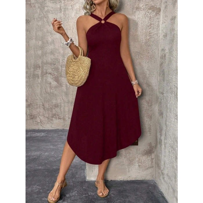 Kadın Boyundan çapraz Askılı Halka Detaylı Asimetrik Kesim Viskon Elbise