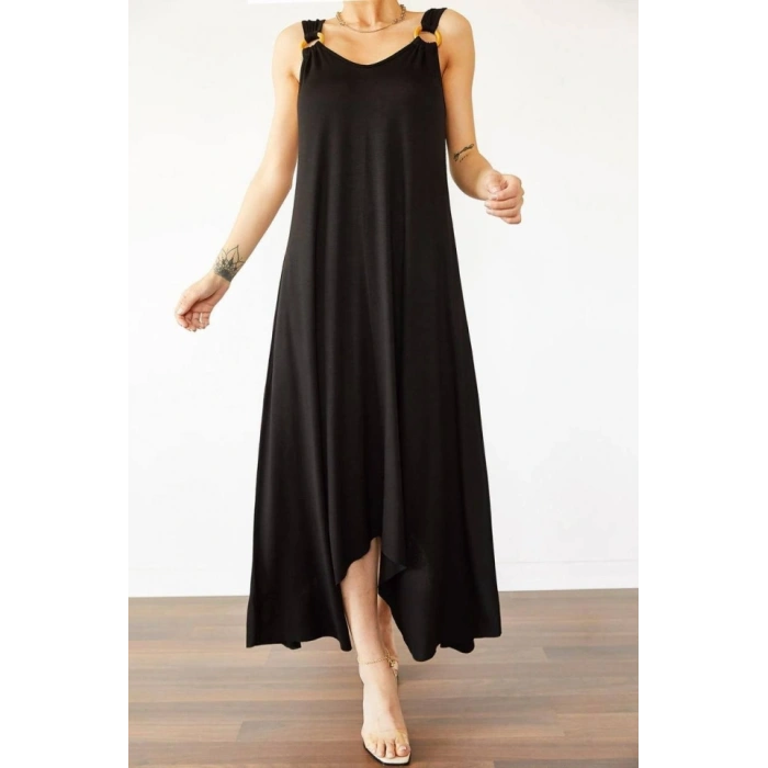 Kadın çan Dokuma Kumaş V Yaka Asimetrik Kesim Elbise