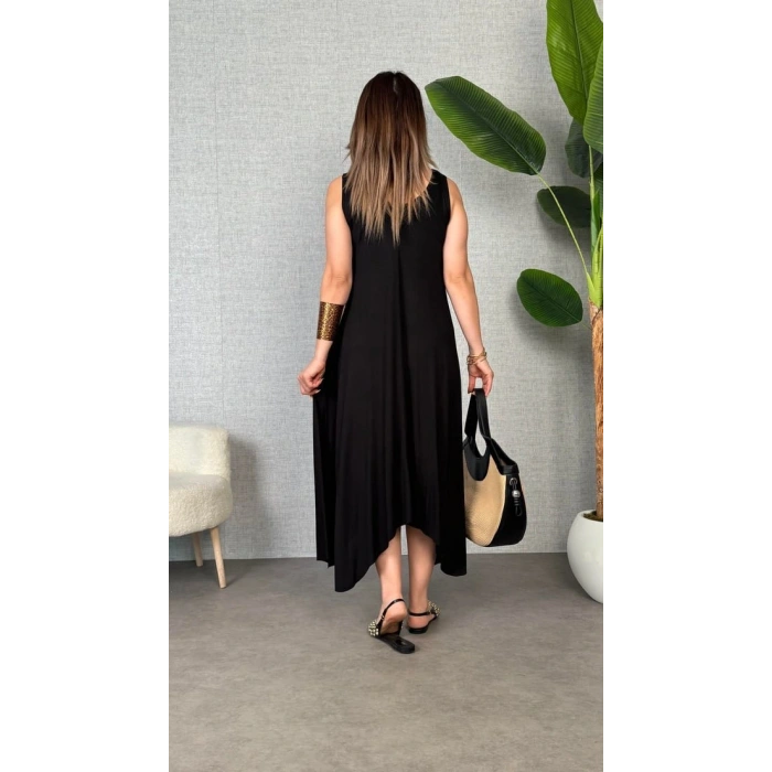 Kadın çan Dokuma Kumaş V Yaka Asimetrik Kesim Elbise