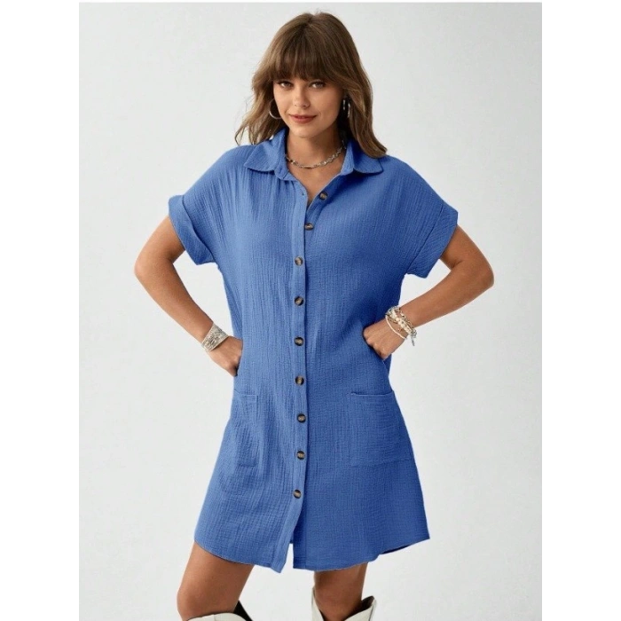 Kadın Cep Detay üslin Kumaş ini Gömlek Elbise