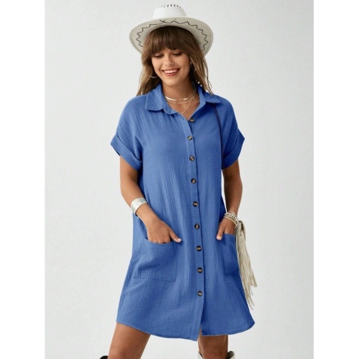 Kadın Cep Detay üslin Kumaş ini Gömlek Elbise