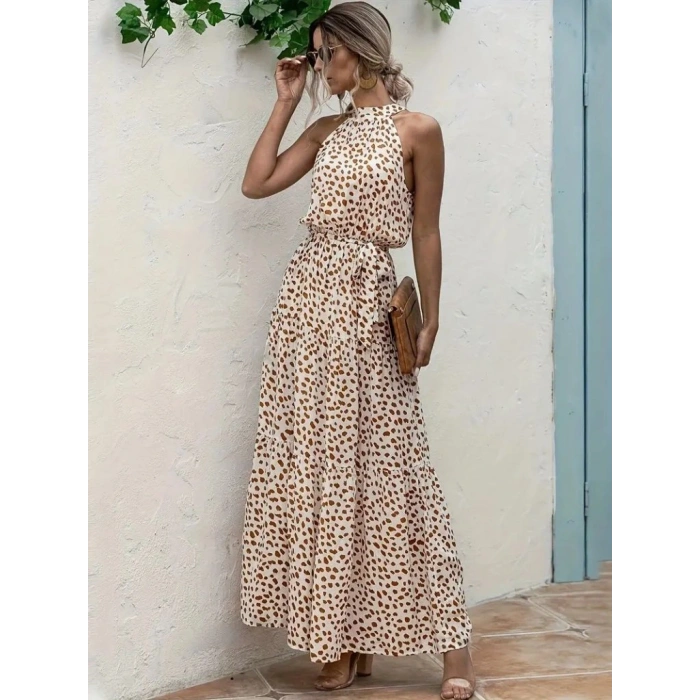 Kadın Daire Yakalı Beli Lastikli Desenli Süprem Elbise