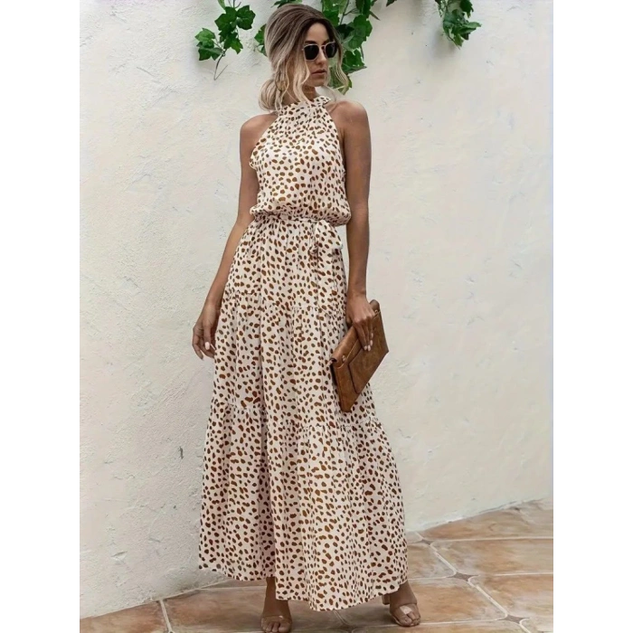 Kadın Daire Yakalı Beli Lastikli Desenli Süprem Elbise