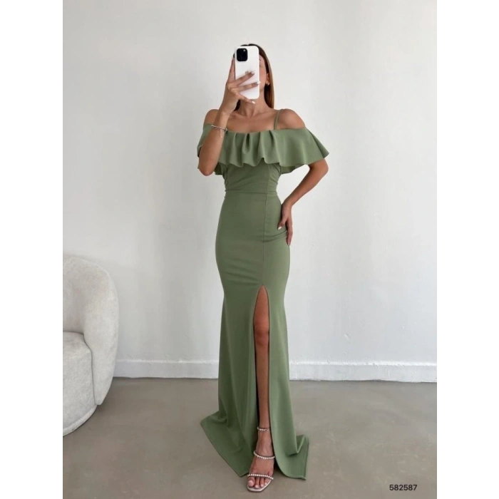 Kadın Dalgıç Krep Yırtmaç Detaylı Askılı Maxi Boy Elbise