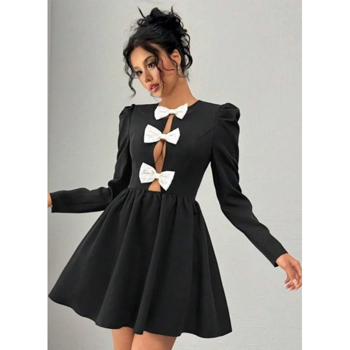 Kadın Dalgıç Kumaş Fiyonk Detaylı Uzun Kollu ini Boy Elbise