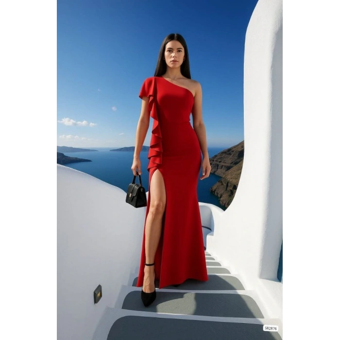 Kadın Dalgıç Kumaş Tek Omuz Askılı Yırtmaç Detaylı Maxi Boy Elbise