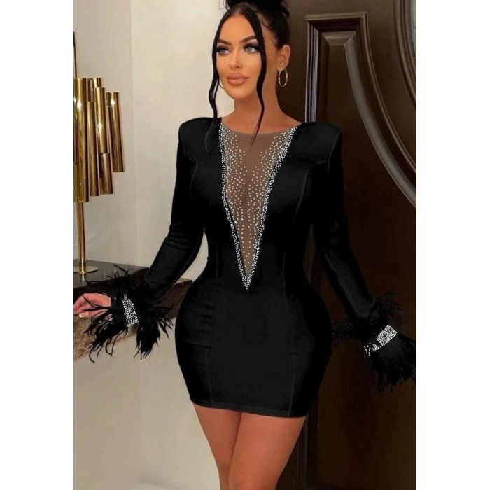 Kadın Dalgıç Kumaş Tül Ve Taş Aksesuarlı Kolları Tüylü ini Boy Elbise