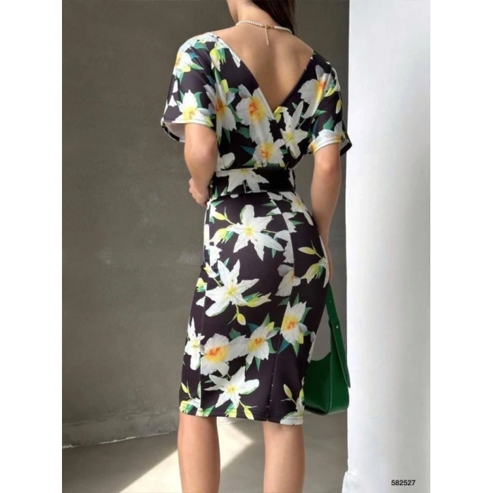 Kadın Dalgıç Kumaş V Yaka çiçek Desenli Kuşaklı Kalem Elbise