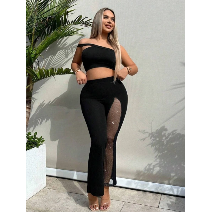 Kadın Derin Simli Tül Detay Ispanyol Paça Dalgıç Pantolon