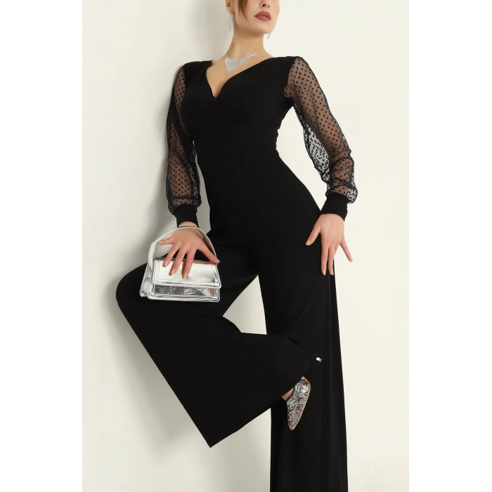 Kadın Derin V Yaka Kolları Puantiyeli Tül Detay Ispanyol Paça Tulum