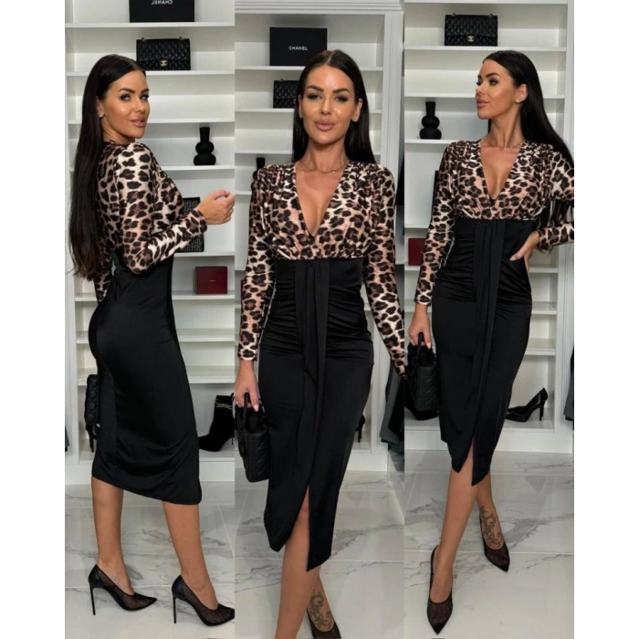 Kadın Dijital Baskılı Full Likralı Kristal örme Kumaş Drape Detaylı Yırtmaç Dekolteli idi Boy Elbise