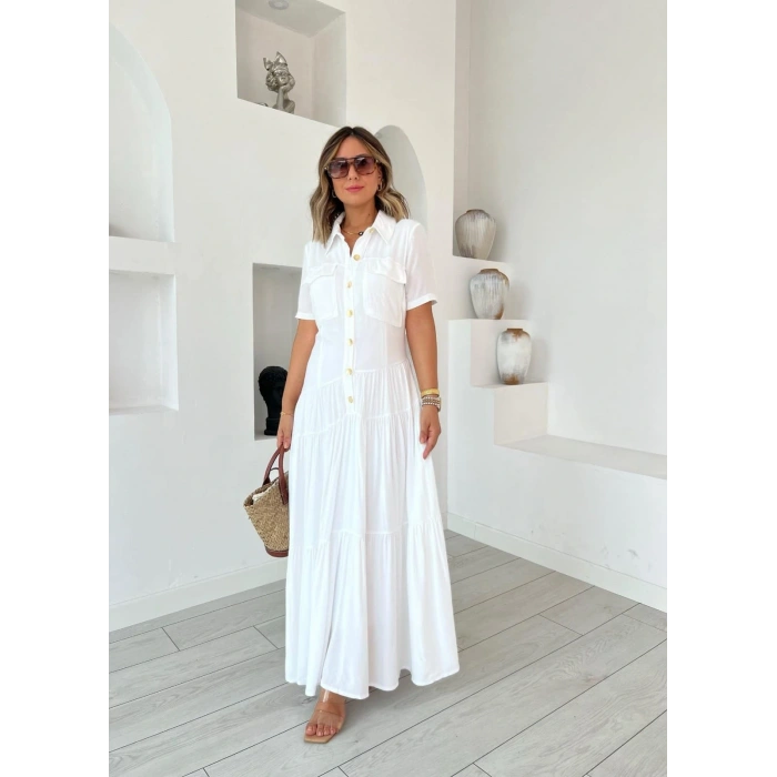 Kadın Dokuma Kumaş Cep Detaylı axi Boy Gömlek Elbise