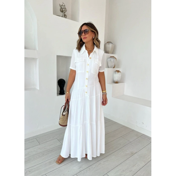 Kadın Dokuma Kumaş Cep Detaylı axi Boy Gömlek Elbise