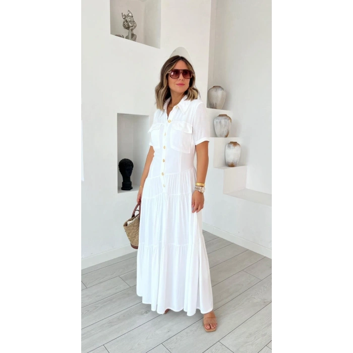 Kadın Dokuma Kumaş Cep Detaylı axi Boy Gömlek Elbise