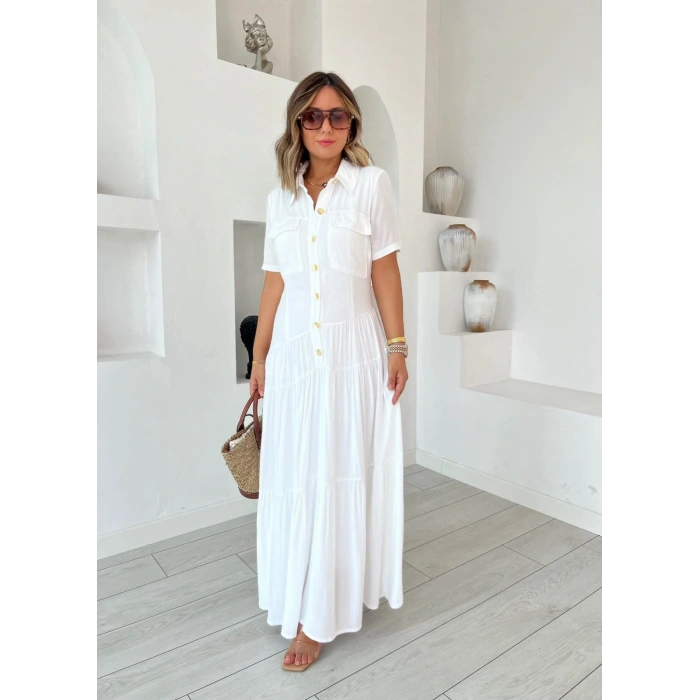 Kadın Dokuma Kumaş Cep Detaylı axi Boy Gömlek Elbise