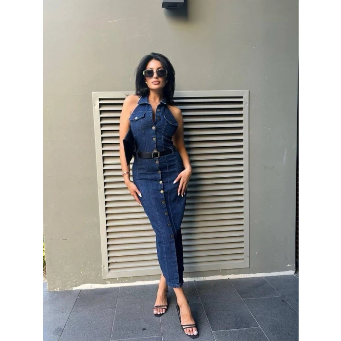 Kadın Düğme Detaylı Belden Kemerli ırt Dekolte Kot Elbise