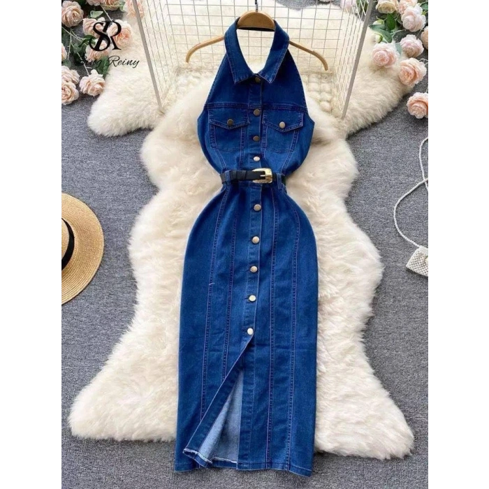 Kadın Düğme Detaylı Belden Kemerli ırt Dekolte Kot Elbise